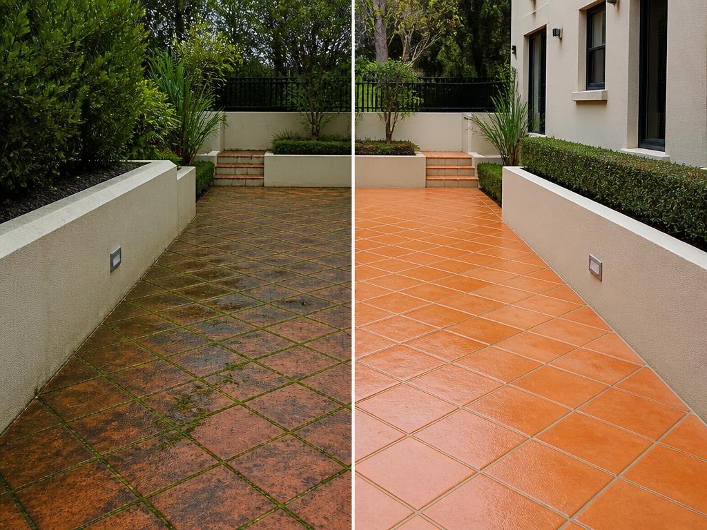 Terracotta tile cleaning before and after