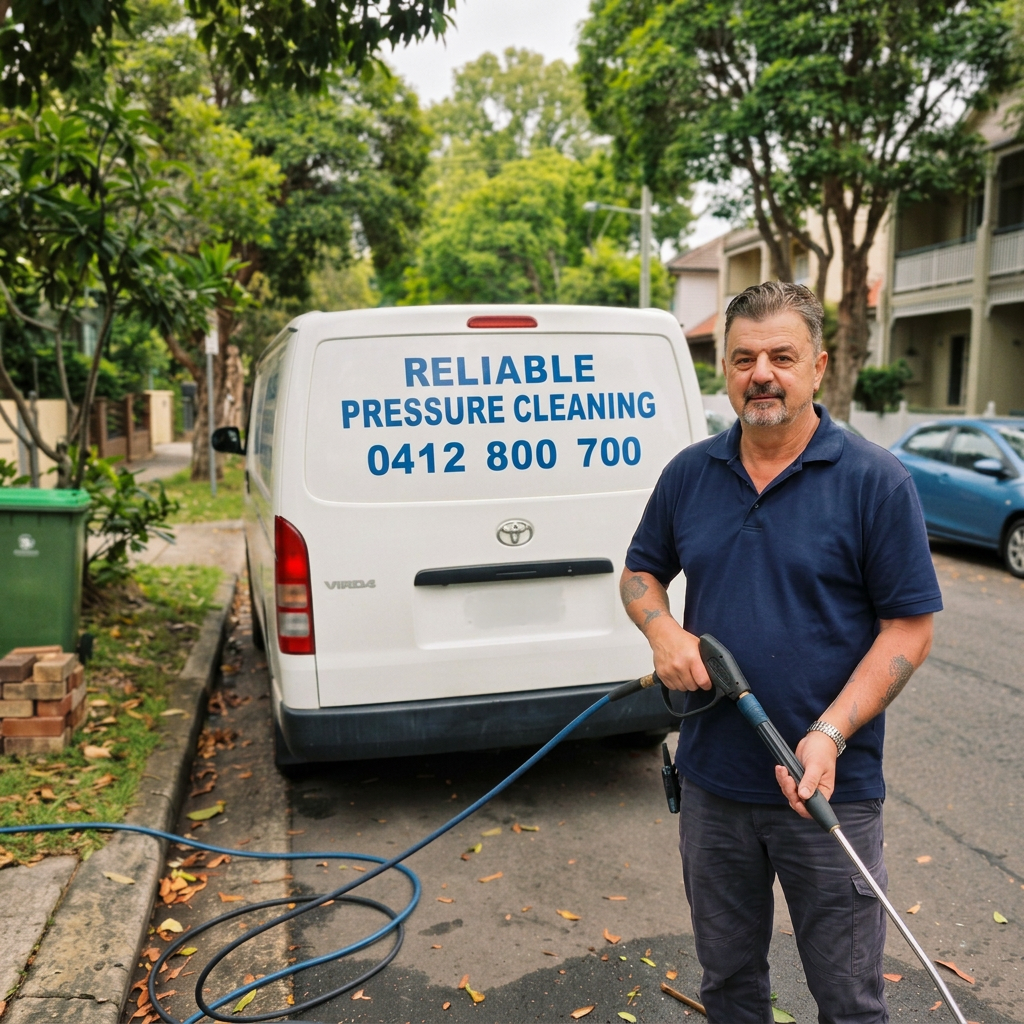 Lucky, owner of Reliable Pressure Cleaning, standing in front of his Sydney pressure washing van